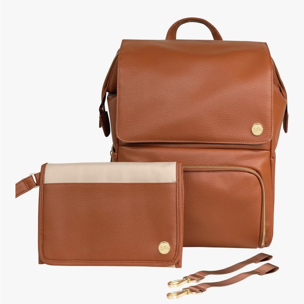 NEW IN BOX Vegan Leather Brown Diaper Bag with Changing Pad & Stroller Straps